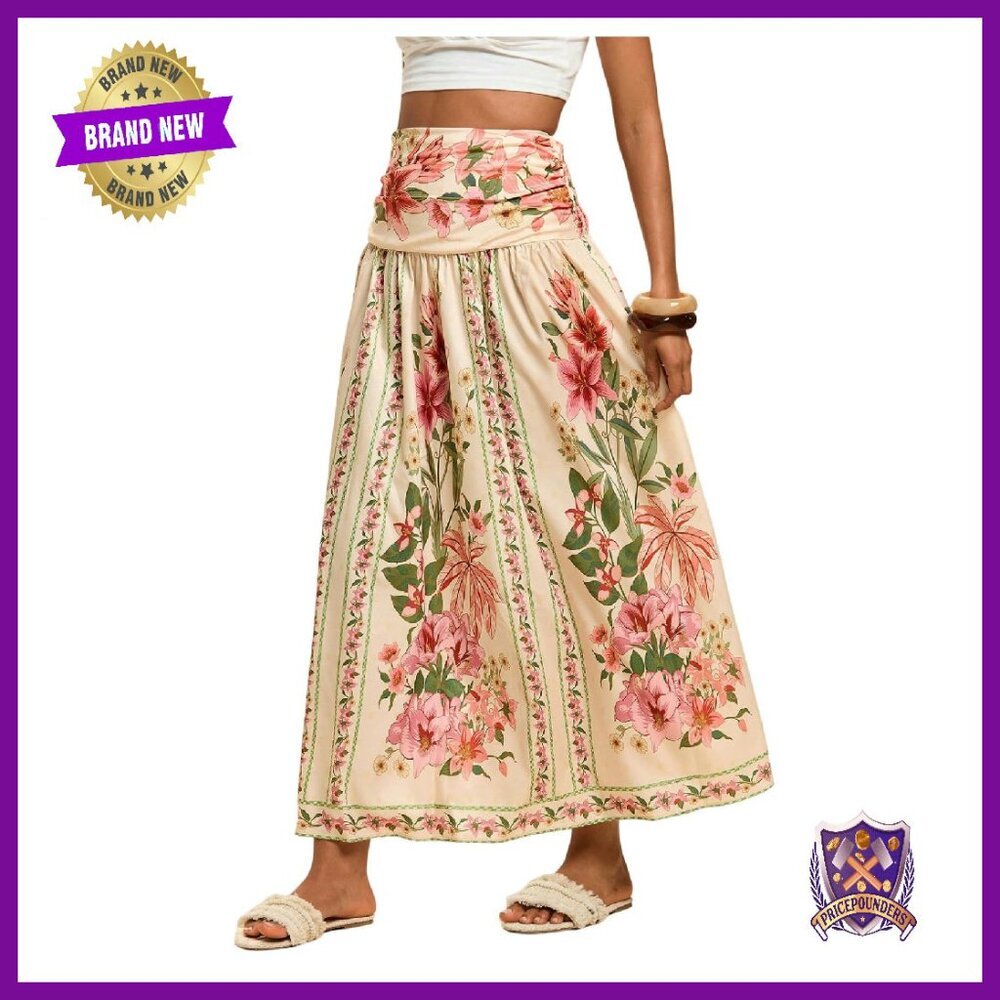 Shirred High Waisted Maxi Skirt A-Line Flowy Long Bohemian